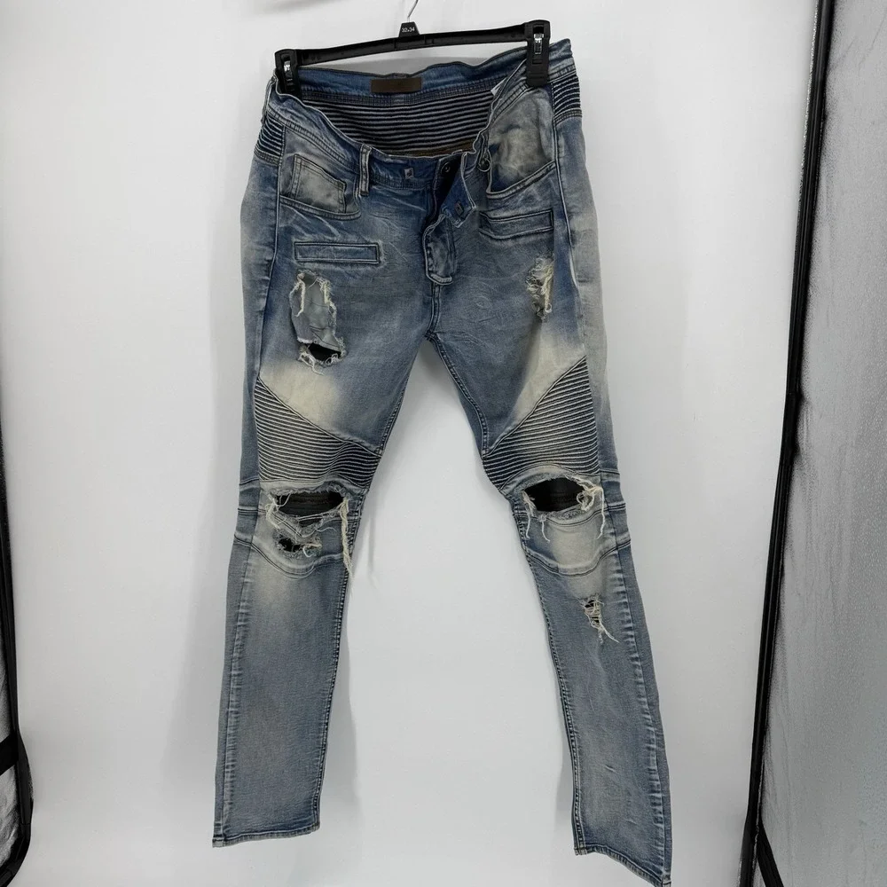 KDNK Jeans Mens Distressed Streetwear Denim Skinny Blue‎ Size 36 X 32 Biker Moto